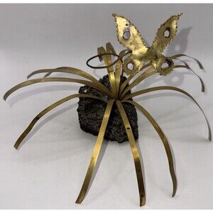 Torched Brass Mid Century Brutalist Butterfly In Grass Sculpture Lava Rock